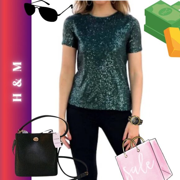 H&M Sequins Top Dark Green Sleek Shape Mardi Gras or Saint Patrick's - Picture 1 of 8